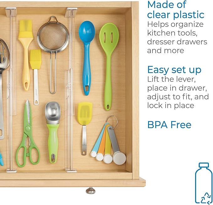 iDesign Plastic Adjustable Deep Drawer Divider, Kitchen, Dresser, Desk, Bathroom and More, The Linus Collection – Set of 2, Expandable 13.25” – 20.75”, Clear