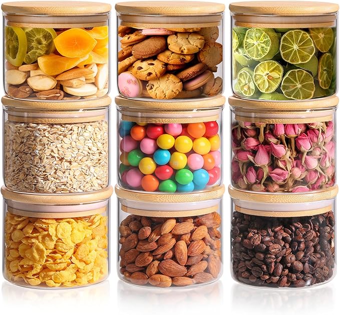 ComSaf 15oz Glass Food Storage Jars Set of 9, Clear Glass Storage Containers with Lids, Pantry Organization Jar, Spice, Salt, Blooming Tea, Coffee, Oat and Sugar Container, Small jar Set for Kitchen
