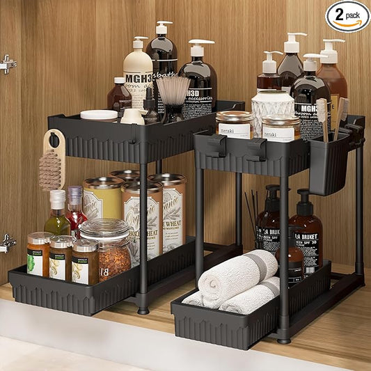 2-Pack Under Sink Organizer, 2-Tier Pulled Out Multi-Use Kitchen Bathroom Organizers and Storage，Bathroom Cabinet Organizer with Cup and Multi-Type Hooks (Black)