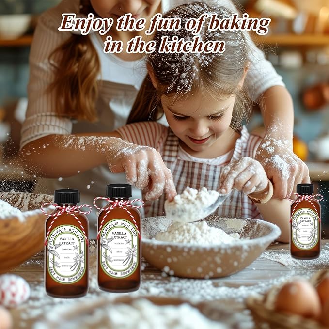 12 Pack 8 oz Vanilla Extract Bottles with Black Poly Cone Caps and 12 Pcs Vanilla Extract Stickers 240ml Boston Round Sample Bottles for Syrup Gift Glass Food Storage Canister Set Sauce Beans(8oz)