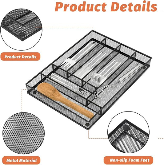 Kitchen Drawer Organizer Flatware Organizer，Drawer Dividers with 6 Compartment，Silverware Organizer Metal Mesh Cutlery Tray Mesh Organizer (11.3" x 16 ")