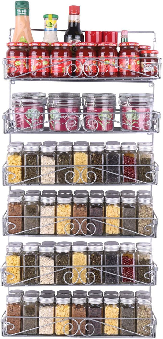 SWOMMOLY Wall Mount Spice Rack, 6 Pack Large-capacity Spice Racks, Stackable Foldable Spice Cans Organizer Shelf,Silver