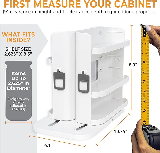 Cabinet Caddy SNAP! Spice Rack Organizer for Cabinet - Slide & Rotate Seasoning Organizer - 3 Snap-In Adjustable Shelves for 5 Tier of Storage - Magnetic Modular Design - 8.9”H x 6.1”W x 10.8”D