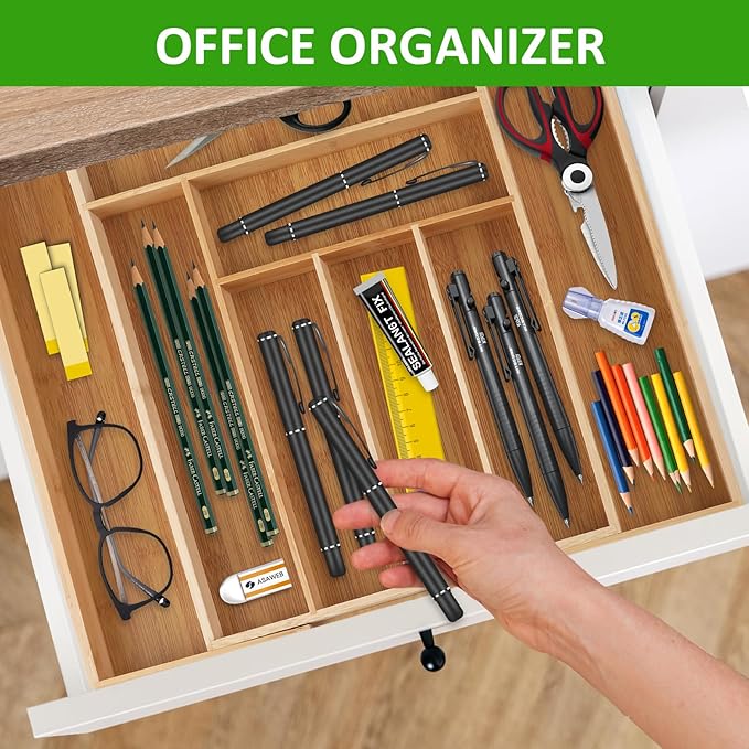 Expandable Silverware Drawer Organizer, Bamboo Kitchen Organizers and Storage, Adjustable Silverware Organizer, Utensil Drawer Organizer for Kitchen Organization (6-8 Slots)