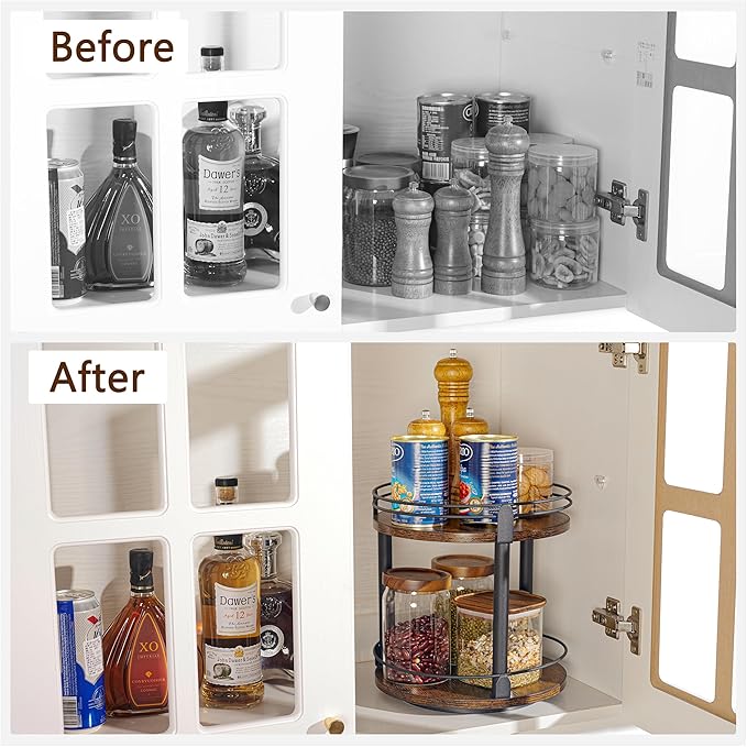 Lazy Susan Organizer 2 tier Rotating Spice Racks, Lazy Susan 360 Degree Turntable Spice Holder Rack for Cabinet and Kitchen Countertop, Rustic Brown