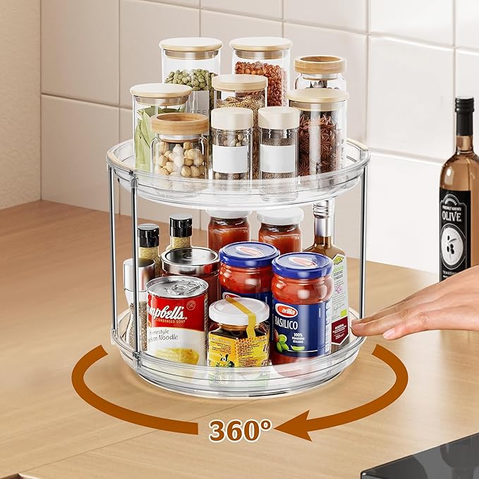 2pcs 2-Tier Lazy Susan Turntable Organizer, 9.2'' Spice Rack for Cabinet, Rotating Medicine Cabinet Organizer for Condiment, Pill Bottle, Kitchen Pantry, Countertop, Bathroom, Makeup Organizer