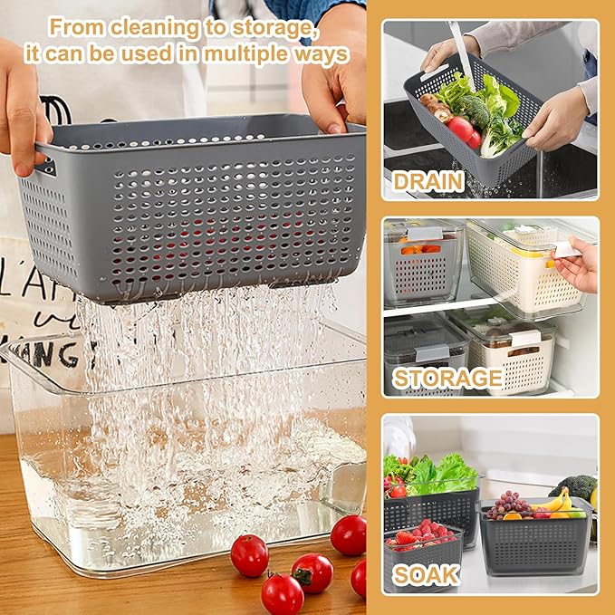 Fruit Storage Containers for Fridge with Removable Colanders, Airtight Produce Vegetable Berry Containers with lid for Fridge, Food Storage Containers for Washing, Draining, Freshness