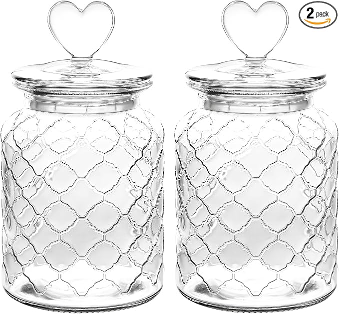 WHJY Set of 2 32oz Airtight Glass Jars Decorative Jars, Jar of Hearts Cute Cookie Jar Decorative Jars with Lids Candy Jars for Candy Buffet Heart Shaped Lid - Grid Textured