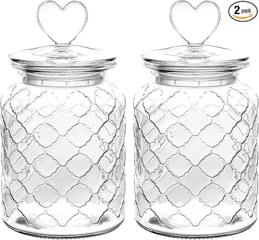 WHJY Set of 2 32oz Airtight Glass Jars Decorative Jars, Jar of Hearts Cute Cookie Jar Decorative Jars with Lids Candy Jars for Candy Buffet Heart Shaped Lid - Grid Textured