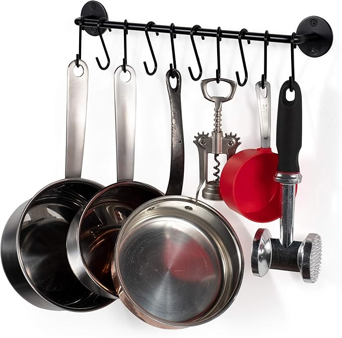 Wallniture Cucina 16" Wall Mount Kitchen Organization Storage Rail with 10 S Hooks for Hanging Pots and Pans Set and Lid Organizer, Black