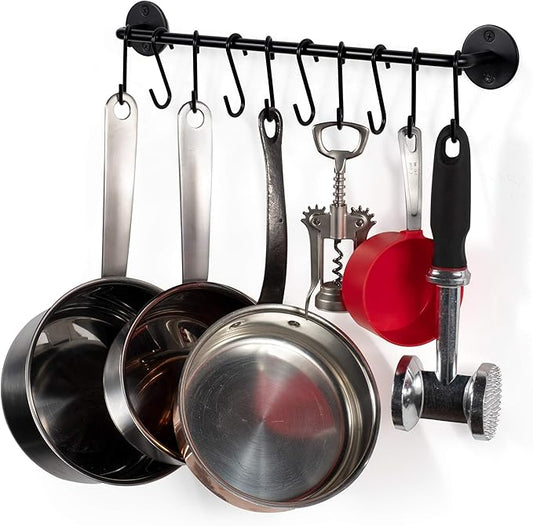 Wallniture Cucina 16" Wall Mount Kitchen Organization Storage Rail with 10 S Hooks for Hanging Pots and Pans Set and Lid Organizer, Black