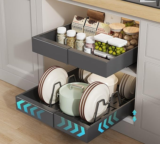 2 Pack Pull out Cabinet Organizer 21" Deep With Raising Pad for Framed Cabinets, Expandable Slide out Drawers for Kitchen Cabinets with 4pcs Divider Racks, Roll out Shelves 9"-14" W Black