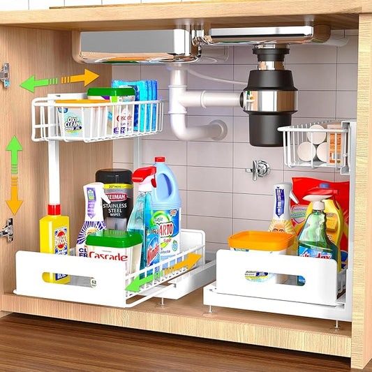 2 Pack Under Sink Organizer and Storage,Pull Out Cabinet Organizer 2 Tier Slide Out Sink Shelf Cabinet Organizer Adjustable Metal Under Counter Organizers for Kitchen Bathroom Organization（White）