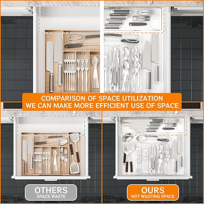 Acina Silverware Organizer for Kitchen Drawers: Expandable Cooking Utensil Tray - Adjustable Cutlery Flatware Holder - Spatula Tools Gadgets Storage Divider Clear (Expandable Tray with 9-Drawers)