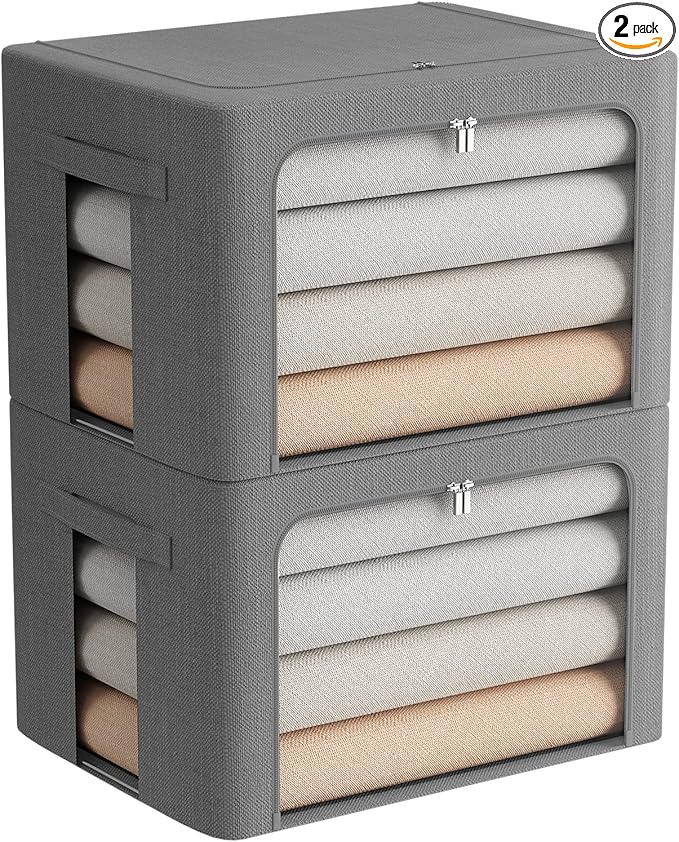 2 Pack Clear Window Storage Bins Stackable Linen Fabric Storage for Clothes Foldable Box Organizer Set with Carrying Handles-36L (Gray, 15.7x 11.8x 11.7 Inch)