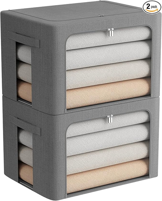 2 Pack Clear Window Storage Bins Stackable Linen Fabric Storage for Clothes Foldable Box Organizer Set with Carrying Handles-36L (Gray, 15.7x 11.8x 11.7 Inch)