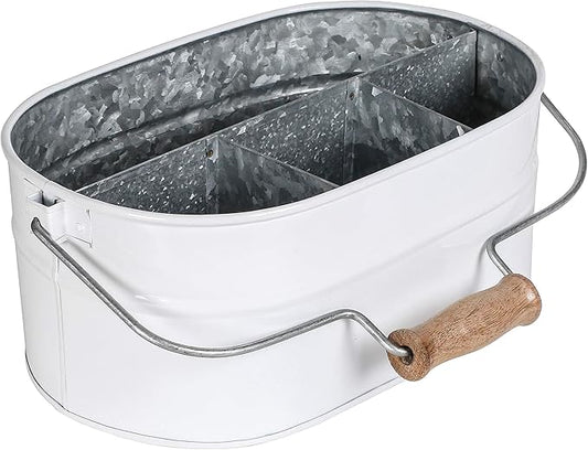 Alpha Living Home - Rustic Galvanized Metal Utensil Caddy – 4-Compartment Organizer with Removable Handle, White Farmhouse Chic Design for Kitchen, Picnics & Parties (13.5"x10"x5.5")