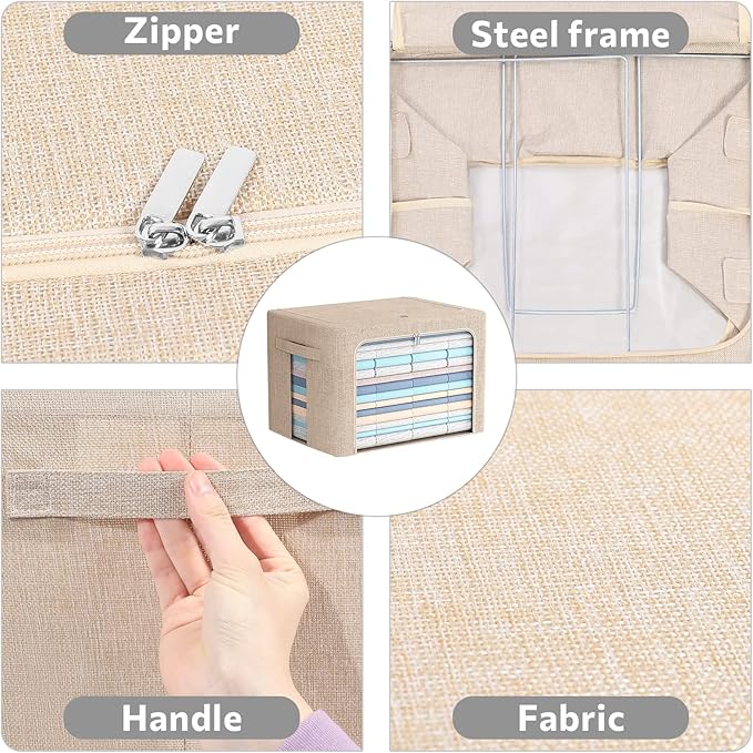 2 Pack Clear Window Storage Bins Foldable Fabric Storage Bins Boxes for Clothes Stackable Box Organizer Set with Carrying Handles (Beige, 22L,15.7x 11.8x 7.8 Inch)