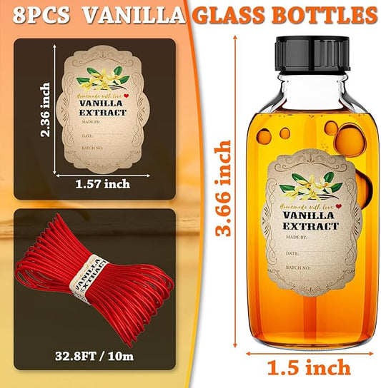 2 oz Clear Glass Bottle Boston Round Bottles with Caps Homemade Vanilla Extract Bottles and 8 Pcs Vanilla Extract Stickers for Syrup Gift Glass Food Storage Canister Set Sauce Beans (8 Packs)