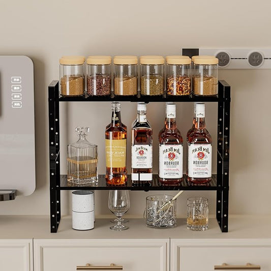 Cabinet Organizer Shelf,Expandable Adjustable Stackable Kitchen Organizer,Metal Shelf risers for cabinets, Kitchens and desks(2Packs/Black/Medium)