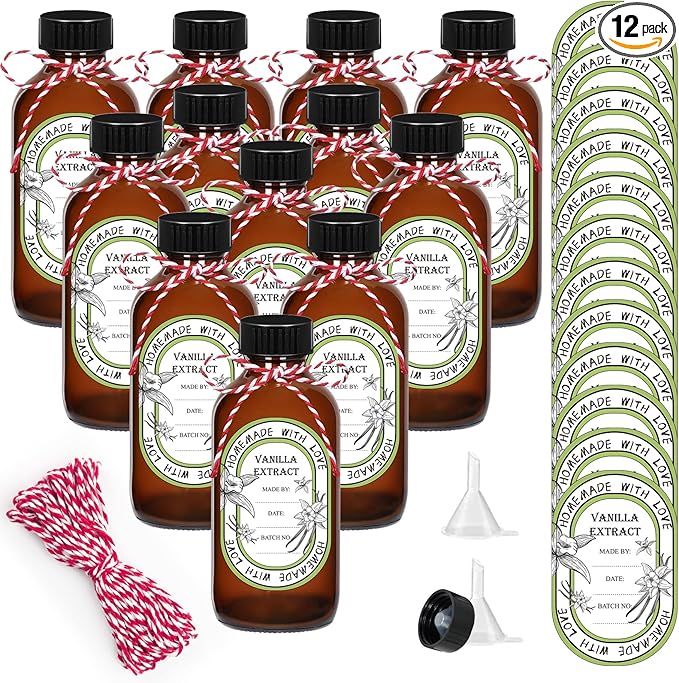12 Pack 8 oz Vanilla Extract Bottles with Black Poly Cone Caps and 12 Pcs Vanilla Extract Stickers 240ml Boston Round Sample Bottles for Syrup Gift Glass Food Storage Canister Set Sauce Beans(8oz)
