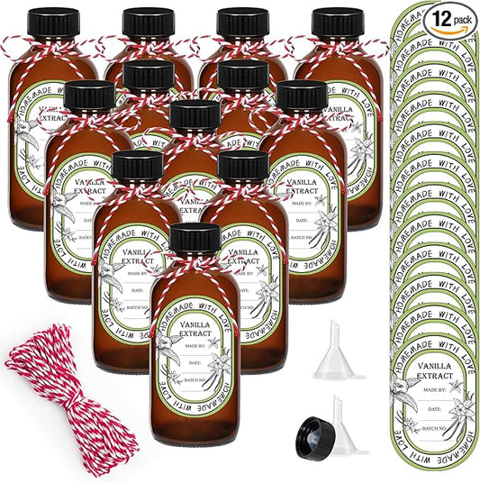 12 Pack 8 oz Vanilla Extract Bottles with Black Poly Cone Caps and 12 Pcs Vanilla Extract Stickers 240ml Boston Round Sample Bottles for Syrup Gift Glass Food Storage Canister Set Sauce Beans(8oz)