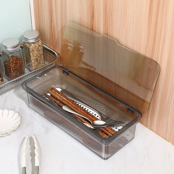 DOITOOL 3Pcs Flatware Tray with Lid Kitchen Cutlery and Utensil Drawer Organizer Silverware Holder Countertop Storage Container, 10 x 3.9 x 2.8inch (Black)