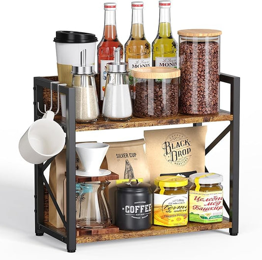 Coffee-Bar-Station-Organizer Shelf for Countertop, 2 Tiers Kitchen Counter Shelf Riser, Wooden Spice Rack Organizer, Coffee Bar Accessories(Rustic Brown, Large)