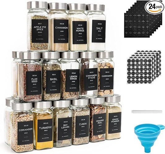 24 Pcs Glass Spice Jars with Lids, 4oz spice jars with label, seasoning containers Set, Comes with spice bottle caps, Silicone Collapsible Funnel,chalk, for Spice Rack, Cabinet, Drawer