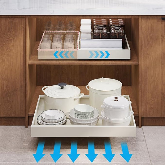 Pull Out Cabinet Organizer,Expandable(13.78''-19.69''),Strong load-bearing nano adhesive fixed metal shelf,Suitable for kitchen cabinets, sideboards, bathrooms, under sinks(16.9''Deep,White)