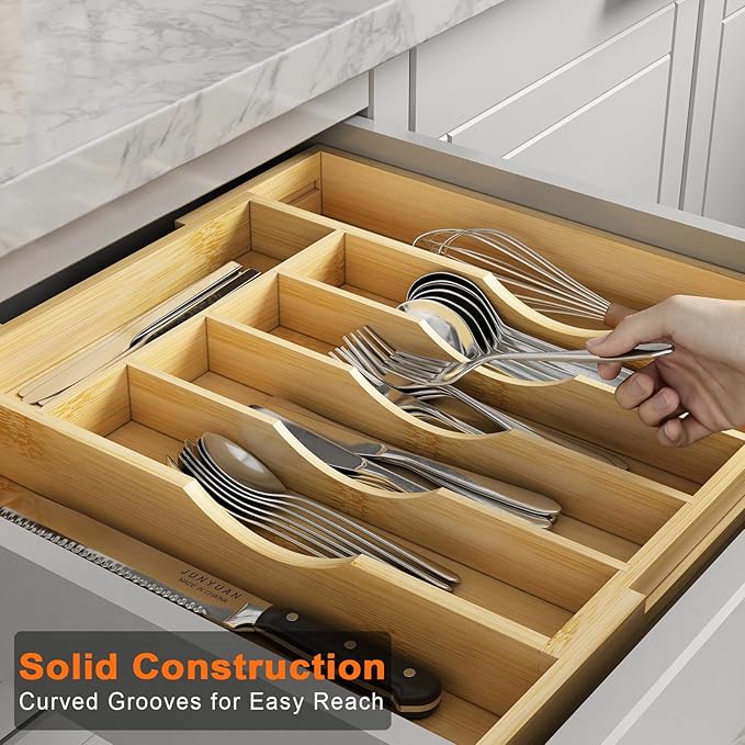 Bamboo Utensil Organizer for Kitchen Drawers, Expandable Utensil Tray and Cutlery Silverware Holder,Wood Drawer Dividers with 7 Adjustable Slots