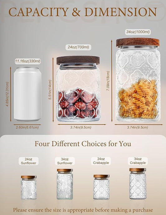 Vintage Glass Jar with Lid – Airtight Container for Ground Coffee, Flour, Cookies, Candy, Glass Canisters for Kitchen and Pantry Storage, Begonia, 24oz