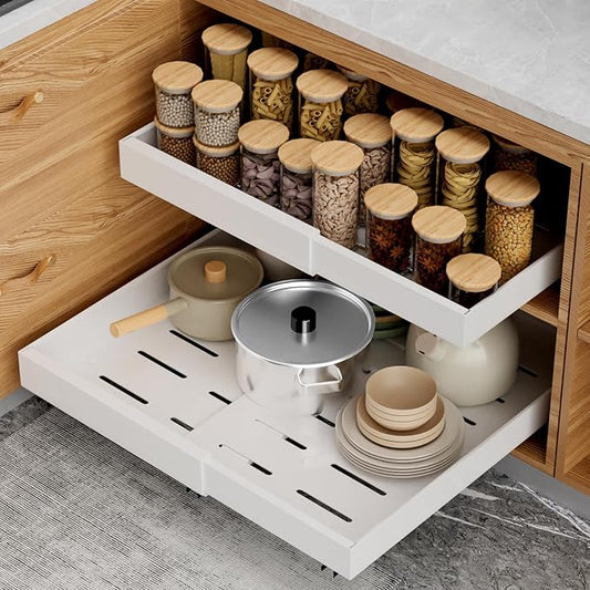 4 Pack Pull Out Cabinet Organizer 21 inch Deep,Expandable Pull out Drawers for Cabinets Adhesive with Film, No Drill Slide Out Drawers for Kitchen Cabinets (White, 21" D x 12"-20" W(4Pack))