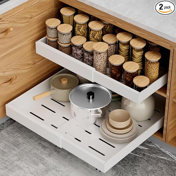 2 Pack Pull Out Cabinet Organizer 21 inch Deep,Expandable Pull out Drawers for Cabinets Adhesive with Film, No Drill Slide Out Drawers for Kitchen Cabinets (White, 21" D x 12"-20" W(2Pack))