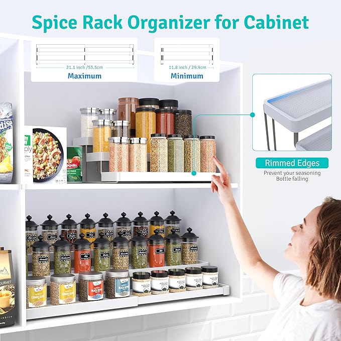 YAN & HIN Pack of 2 Expandable Spice Rack - Cabinet Organizer and Seasoning Organizer for Kitchen - Adjustable Storage Solution for Countertops and Shelves - Durable and Versatile Design