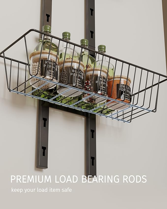 Over The Door Pantry Organizer, 6-Tier Pantry Organizers and Storage with Adjustable Basket, Heavy Duty Metal Spice Rack for Kitchen Bathroom Laundry Room(Black)