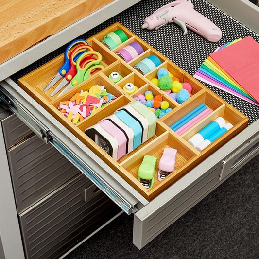 Juvale Bamboo Drawer Organizer Tray with 8 Adjustable Dividers for Kitchen Utensils, Cutlery (14 x 10 x 2 In)