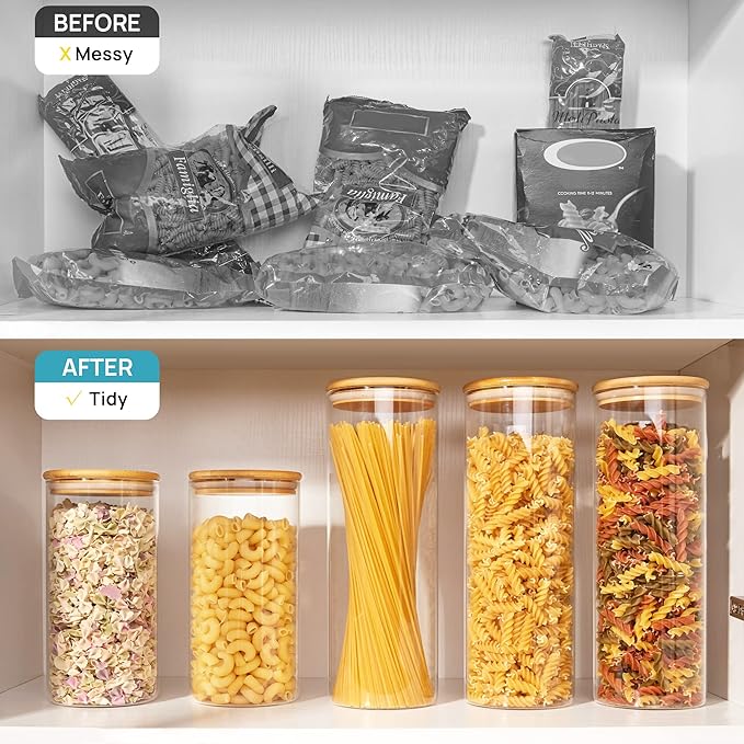Vtopmart 70oz Glass Food Storage Jars, 3 Pack Large Kitchen Containers with Airtight Bamboo Wooden Lids for Pasta, Nuts, Flour, Canisters Set for Cereal, Pantry Organization, BPA Free