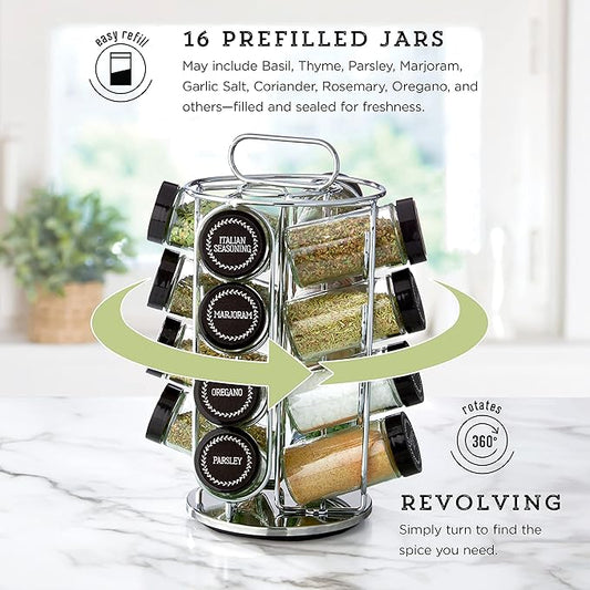 Kamenstein 16 Jar Montauk Revolving Countertop Spice Rack Organizer with Spices Included, FREE Spice Refills for 5 Years, Chrome with Black Caps