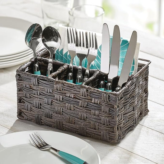 mDesign Plastic Woven Divided Cutlery Storage Organizer Caddy Tote, Basket Holder for Kitchen Table, Cabinet, Pantry, Hold Silverware, Forks, Knives, Spoons, Napkins and other Utensils, Espresso Brown