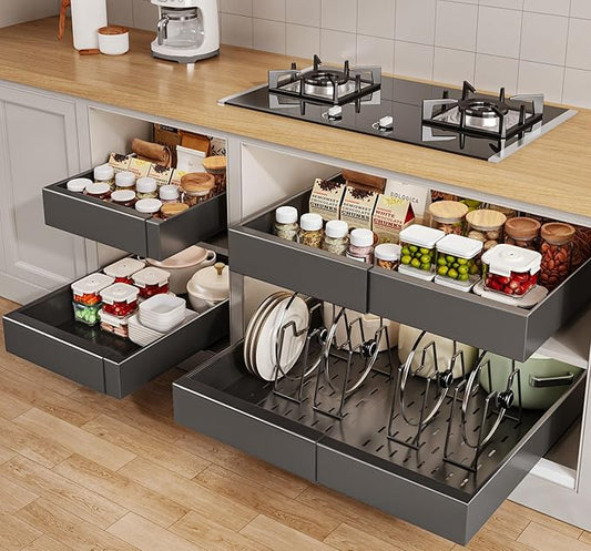 4 Pack Pull out Cabinet Organizer 21"Deep with Raising Pad for Framed Cabinets, Expandable Slide out Drawers for Kitchen Cabinets with 4pcs Divider Racks, Roll out Shelves 12.1"-20.4" W Black