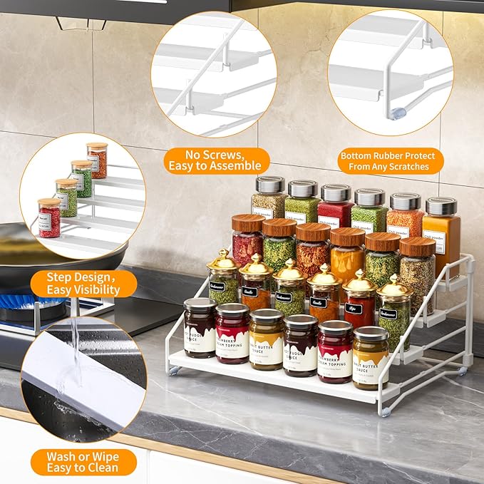 RCHYFEED Spice Rack Organizer for Cabinet, 4 Tier Spice Organization for Cabinet Adjustable Step Storage,Tierd Spice Rack Seasoning Organizer for Kitchen Countertop Pantry, Metal(1 Pack)