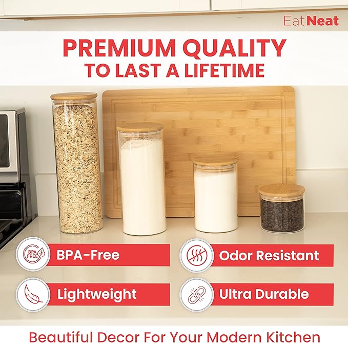 EatNeat Set of 4 Glass Canisters with Airtight Bamboo Lids - Stylish Kitchen Countertop Containers for Storage - Modern Jars for Food Organization - Clear and Natural Finish, Various Sizes