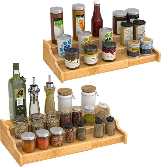Ruichang 2PCS 3 Tier Expandable Bamboo Spice Rack Seasoning Organizer for Cabinet Pantry Countertop Kitchen Step Shelf