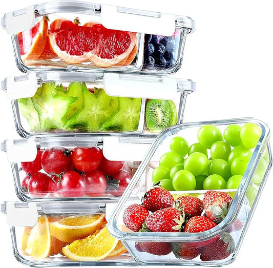 VERONES 5 Pack Glass Meal Prep Containers 2 Compartment Set, 36OZ Airtight Glass Lunch Containers, Food Storage Containers with Lids, for Microwave, Oven, Freezer & Dishwasher Friendly,White