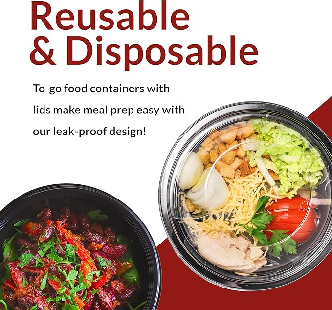 Reli. Meal Prep Container Bowls, 24 oz. | 50 Pack | Round Meal Prep Containers with Lids | Reusable 24 oz Bowls with Lids | Microwavable, Black Food Storage Boxes | Black