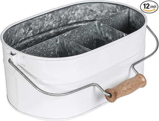 Alpha Living Home - Galvanized Metal Utensil Caddy with Handle – 4-Compartment Flatware Kitchen organizer, Parties, Picnics, Paper Plates, Cutlery, Napkins – Rustic Farmhouse Countertop (White/Grey)