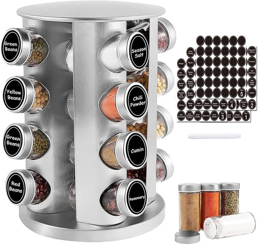 WAYDA Rotating Spice Rack with 16 Jars, Revolving Spice Rack Organizer for Cabinet, Seasoning Organizer Stainless Steel Kitchen Spice Tower with Labels for Countertop