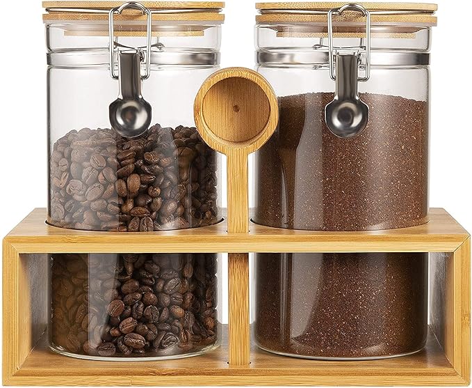 Yangbaga Glass Coffee Containers with Shelf, 2 x 45 oz Coffee Bean Storage with Airtight Locking Clamp and Bamboo Spoon, Large Capacity Food Storage Jar for Kitchen