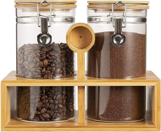 Yangbaga Glass Coffee Containers with Shelf, 2 x 45 oz Coffee Bean Storage with Airtight Locking Clamp and Bamboo Spoon, Large Capacity Food Storage Jar for Kitchen